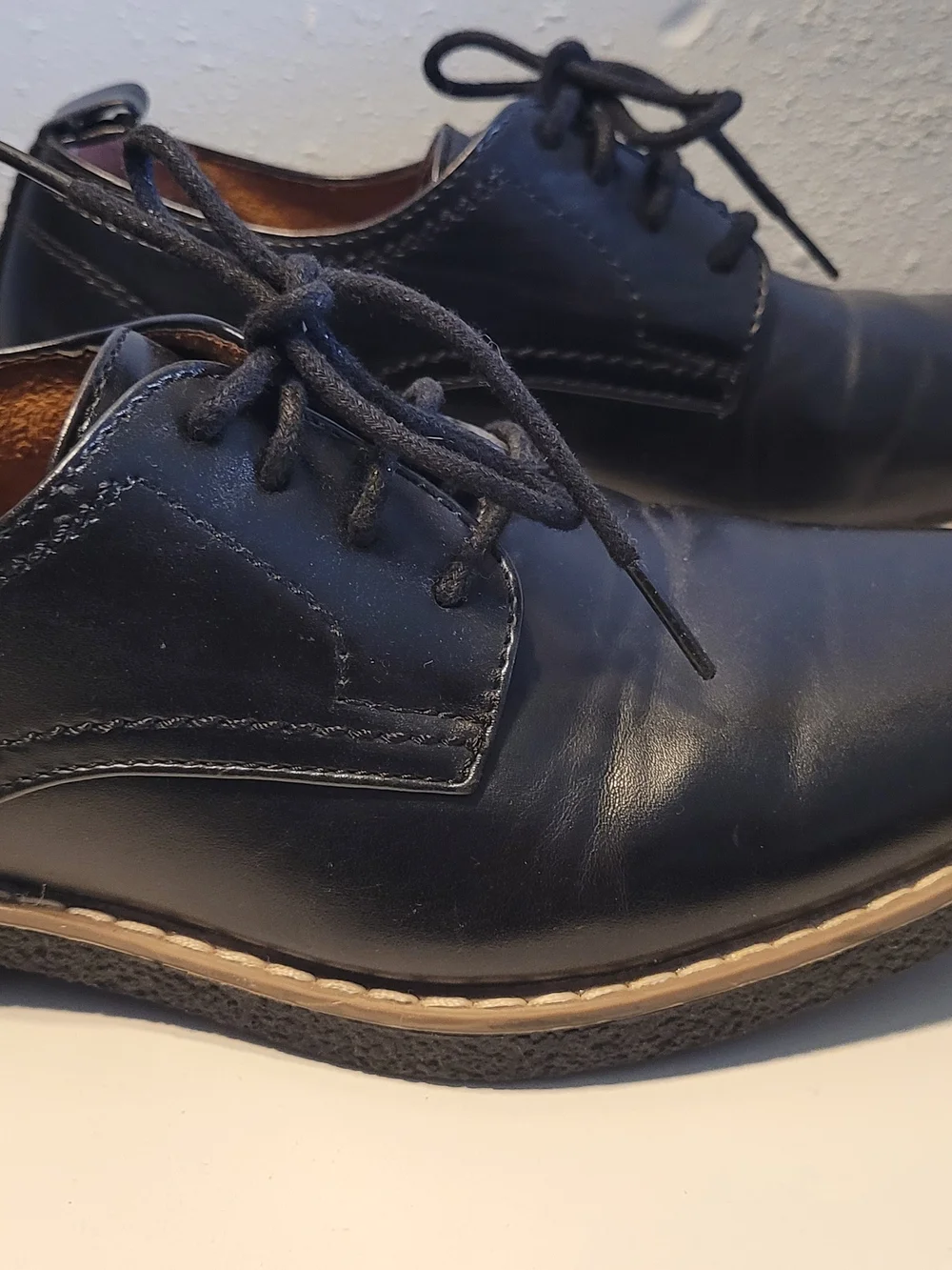 Deer Stags Black Lace-Up Kids Dress Shoes with Tan Trim